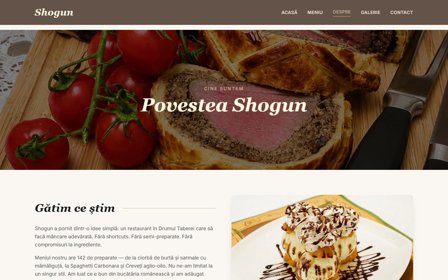 Pagina Despre a site-ului Shogun, cu titlul Povestea Shogun și textul Gătim ce știm